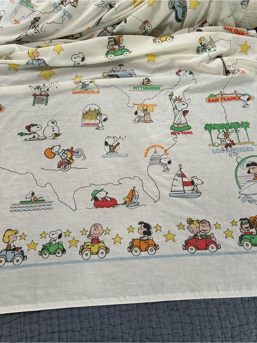 Peanuts ~1970s “See America First” US Cities Vintage Twin Top + Bottom Sheet Set